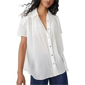 Free People We The Free Float Away Semi-Sheer Short Sleeve Button Down Shirt XS